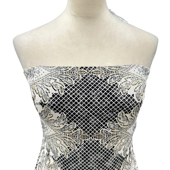 Nicole Miller Black & Cream Mixed Print Silk Blend Strapless Maxi Cocktail Dress - Picture 4 of 14